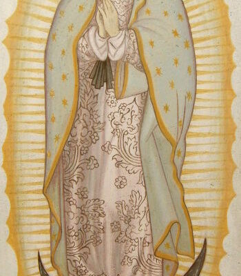 Heilige Jungfrau von Guadalupe Heilige Jungfrau von Guadalupe, Clayintone, integriert in einen Holzschrein, 2009, 22 x 48 cm, gerahmt